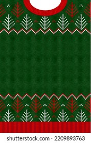 Ugly sweater Christmas Greeting Card X-mas 2022 Happy New Year. Vector illustration knitted background pattern scandinavian ornaments. White, red, green colors knitting. Flat style knit