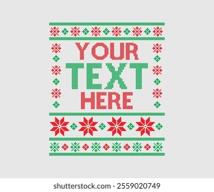 Ugly sweater Christmas Greeting Card X-mas Happy New Year. Vector illustration seamless knitted background pattern Scandinavian ornaments. Red, green, colors knitting. Flat style knit