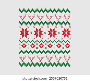 Ugly sweater Christmas Greeting Card X-mas Happy New Year. Vector illustration seamless knitted background pattern Scandinavian ornaments. Red, green, colors knitting. Flat style knit