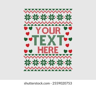 Ugly sweater Christmas Greeting Card X-mas Happy New Year. Vector illustration seamless knitted background pattern Scandinavian ornaments. Red, green, colors knitting. Flat style knit