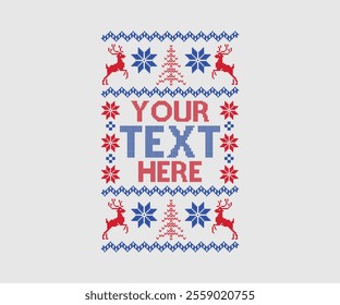 Ugly sweater Christmas Greeting Card X-mas Happy New Year. Vector illustration seamless knitted background pattern Scandinavian ornaments. Red, green, colors knitting. Flat style knit