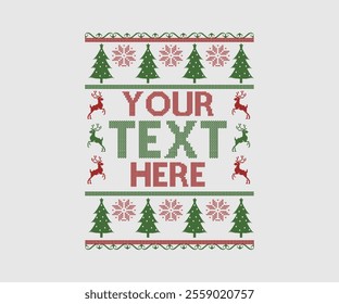 Ugly sweater Christmas Greeting Card X-mas Happy New Year. Vector illustration seamless knitted background pattern Scandinavian ornaments. Red, green, colors knitting. Flat style knit