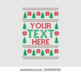 Ugly sweater Christmas Greeting Card X-mas Happy New Year. Vector illustration seamless knitted background pattern Scandinavian ornaments. Red, green, colors knitting. Flat style knit