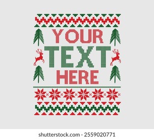 Ugly sweater Christmas Greeting Card X-mas Happy New Year. Vector illustration seamless knitted background pattern Scandinavian ornaments. Red, green, colors knitting. Flat style knit