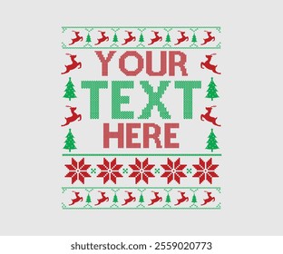 Ugly sweater Christmas Greeting Card X-mas Happy New Year. Vector illustration seamless knitted background pattern Scandinavian ornaments. Red, green, colors knitting. Flat style knit