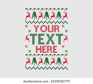 Ugly sweater Christmas Greeting Card X-mas Happy New Year. Vector illustration seamless knitted background pattern Scandinavian ornaments. Red, green, colors knitting. Flat style knit