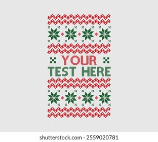 Ugly sweater Christmas Greeting Card X-mas Happy New Year. Vector illustration seamless knitted background pattern Scandinavian ornaments. Red, green, colors knitting. Flat style knit