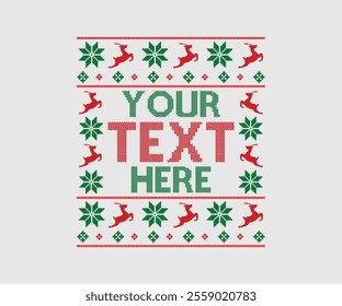 Ugly sweater Christmas Greeting Card X-mas Happy New Year. Vector illustration seamless knitted background pattern Scandinavian ornaments. Red, green, colors knitting. Flat style knit