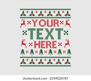 Ugly sweater Christmas Greeting Card X-mas Happy New Year. Vector illustration seamless knitted background pattern Scandinavian ornaments. Red, green, colors knitting. Flat style knit