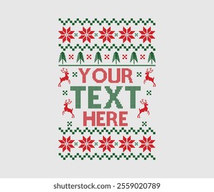 Ugly sweater Christmas Greeting Card X-mas Happy New Year. Vector illustration seamless knitted background pattern Scandinavian ornaments. Red, green, colors knitting. Flat style knit