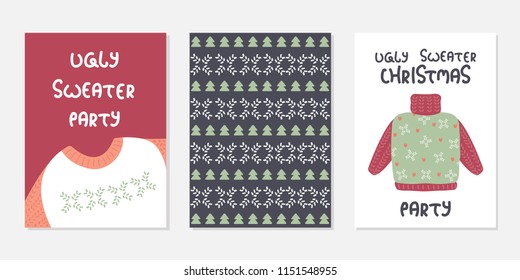 Ugly sweater Christmas party cute cards. Vector hand drawn illustration. 