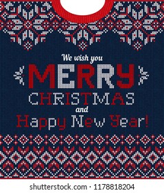 Ugly sweater Christmas party greeting card. Vector illustration Handmade knitted background pattern with deers and snowflakes, scandinavian ornaments. White, red, blue colors.