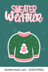 Ugly sweater Christmas party. Holiday vibe. Cozy winter. Snowflakes on blue background. Sweater weather. Hand-drawn lettering quotes.
Good for greeting card and t-shirt prints, flyers, poster designs.