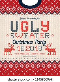 Ugly sweater Christmas party invite. Vector illustration Handmade knitted background pattern with deers and snowflakes, scandinavian ornaments. White, red, blue colors. Flat style