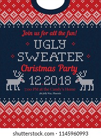 Ugly sweater Christmas party invite. Vector illustration Handmade knitted background pattern with deers and snowflakes, scandinavian ornaments. White, red, blue colors. Flat style