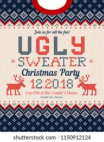 Ugly sweater Christmas party invite. Vector illustration Handmade knitted background pattern with deers and snowflakes, scandinavian ornaments. White, red, blue colors. Flat style