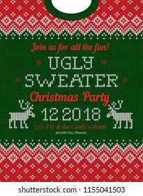 Ugly sweater Christmas party invite. Vector illustration Handmade knitted background pattern with deers and snowflakes, scandinavian ornaments. White, red, green colors. Flat style