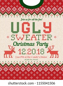 Ugly sweater Christmas party invite. Vector illustration Handmade knitted background pattern with deers and snowflakes, scandinavian ornaments. White, red, green colors. Flat style