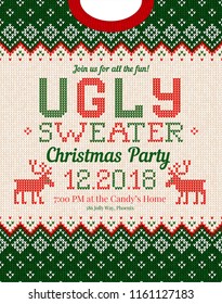 Ugly sweater Christmas party invite. Vector illustration Handmade knitted background pattern with deers and snowflakes, scandinavian ornaments. White, red, green colors. Flat style