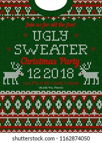 Ugly sweater Christmas party invite. Vector illustration Handmade knitted background pattern with deers and snowflakes, scandinavian ornaments. White, red, green colors. Flat style