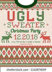 Ugly sweater Christmas party invite. Vector illustration Handmade knitted background pattern with deers and snowflakes, scandinavian ornaments. White, red, green colors. Flat style