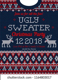 Ugly sweater Christmas party invite. Vector illustration Handmade knitted background pattern with deers and snowflakes, scandinavian ornaments. White, red, blue colors. Flat style