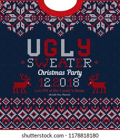 Ugly sweater Christmas party invite. Vector illustration Handmade knitted background pattern with deers and snowflakes, scandinavian ornaments. White, red, blue colors. Flat style