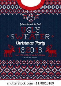 Ugly sweater Christmas party invite. Vector illustration Handmade knitted background pattern with deers and snowflakes, scandinavian ornaments. White, red, blue colors. Flat style