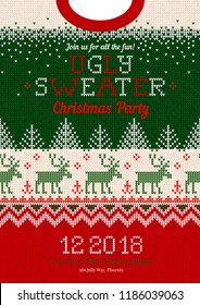 Ugly sweater Christmas party invite. Vector illustration Handmade knitted background pattern with deers, christmas tree and snowflakes, scandinavian ornaments. White, red, green colors. Flat style