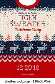 Ugly sweater Christmas party invite. Vector illustration Handmade knitted background pattern with deers, christmas tree and snowflakes, scandinavian ornaments. White, red, blue colors. Flat style