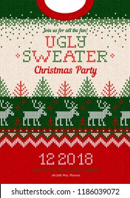 Ugly sweater Christmas party invite. Vector illustration Handmade knitted background pattern with deers, christmas tree and snowflakes, scandinavian ornaments. White, red, green colors. Flat style