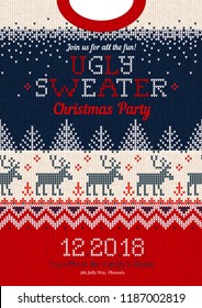 Ugly sweater Christmas party invite. Vector illustration Handmade knitted background pattern with deers, christmas tree and snowflakes, scandinavian ornaments. White, red, blue colors. Flat style