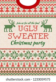 Ugly sweater Christmas party invite. Vector illustration Handmade knitted background pattern with deers? christmas tree and snowflakes, scandinavian ornaments. White, red, green colors. Flat style