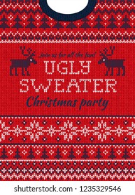 Ugly sweater Christmas party invite. Vector illustration Handmade knitted background pattern with deers? christmas tree and snowflakes, scandinavian ornaments. White, red, blue colors. Flat style