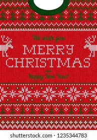 Ugly sweater Christmas party invite. Vector illustration Handmade knitted background pattern with deersб christmas tree and snowflakes, scandinavian ornaments. White, red, blue colors. Flat style