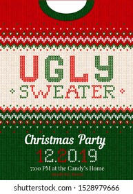 Ugly sweater Christmas party invite. Vector illustration Handmade knitting background pattern with knitted collar scandinavian ornaments. White, red, green, colors. Flat style