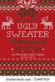 Ugly sweater Christmas party invite. Vector illustration Handmade knitted background pattern with deers and snowflakes, scandinavian ornaments. White, red, green colors. Flat style