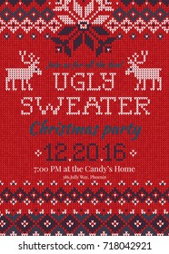 Ugly sweater Christmas party invite. Vector illustration Handmade knitted background pattern with deers and snowflakes, scandinavian ornaments. White, red, blue colors. Flat style