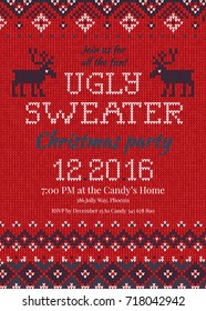 Ugly sweater Christmas party invite. Vector illustration Handmade knitted background pattern with deers and snowflakes, scandinavian ornaments. White, red, blue colors. Flat style