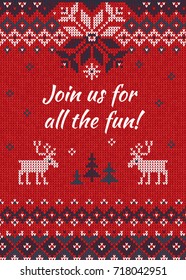 Ugly sweater Christmas party invite. Vector illustration Handmade knitted background pattern with deers and snowflakes, scandinavian ornaments. White, red, blue colors. Flat style