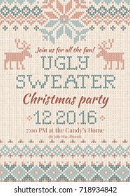 Ugly sweater Christmas party invite. Vector illustration Handmade knitted background pattern with deers and snowflakes, scandinavian ornaments. White, beige, brown, blue colors. Flat style