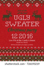 Ugly sweater Christmas party invite. Vector illustration Handmade knitted background pattern with deers and snowflakes, scandinavian ornaments. White, red, green colors. Flat style