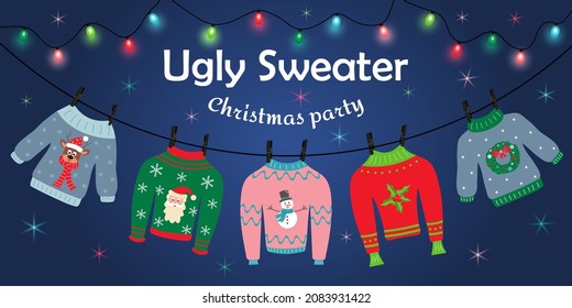 Ugly sweater Christmas party. Sweaters with different prints are hanging on clothespins. Garland with colorful bulbs is shining. Christmas and Happy New Year Invitation template on ugly sweater party.