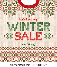 Ugly sweater Christmas Season Winter Sale Poster. Vector illustration knitted background pattern with deers snowflakes, scandinavian ornaments for advertising flyers, banners. White, red, green colors