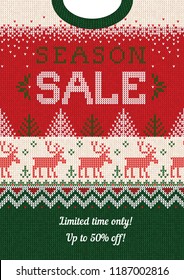 Ugly sweater Christmas Season Winter Sale Poster. Vector illustration knitted background pattern with deers snowflakes, scandinavian ornaments for advertising flyers, banners. White, red, green colors