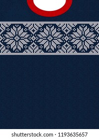 Ugly sweater Christmas Season Winter Sale Poster. Vector illustration knitted background pattern with deers snowflakes, scandinavian ornaments for advertising flyers, banners. White, red, blue colors