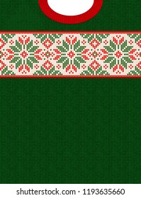 Ugly sweater Christmas Season Winter Sale Poster. Vector illustration knitted background pattern with deers snowflakes, scandinavian ornaments for advertising flyers, banners. White, red, green colors