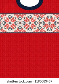 Ugly sweater Christmas Season Winter Sale Poster. Vector illustration knitted background pattern with deers snowflakes, scandinavian ornaments for advertising flyers, banners. White, red, blue colors