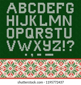 Ugly sweater Christmas Season Winter Sale Poster. Vector illustration knitted background pattern with deers snowflakes, scandinavian ornaments for advertising flyers, banners. White, green, red colors