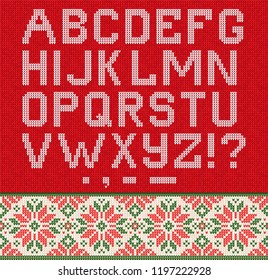 Ugly sweater Christmas Season Winter Sale Poster. Vector illustration knitted background pattern with deers snowflakes, scandinavian ornaments for advertising flyers, banners. White, green, red colors